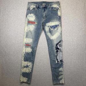 MNML Bandana Grim Reaper Skinny Jeans Mens 33x34 Blue Distressed Stretch Denim